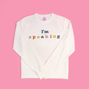 Pre-shrunk 100% Organic Cotton long sleeve tee Men's/ unisex sizing, true to size for you would normally wear in a men's tee "I'm speaking" printed on front in multiple fall colors.