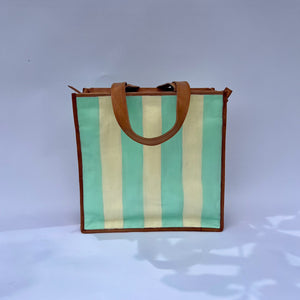 seafoam and beige leather tote bag with coin purse