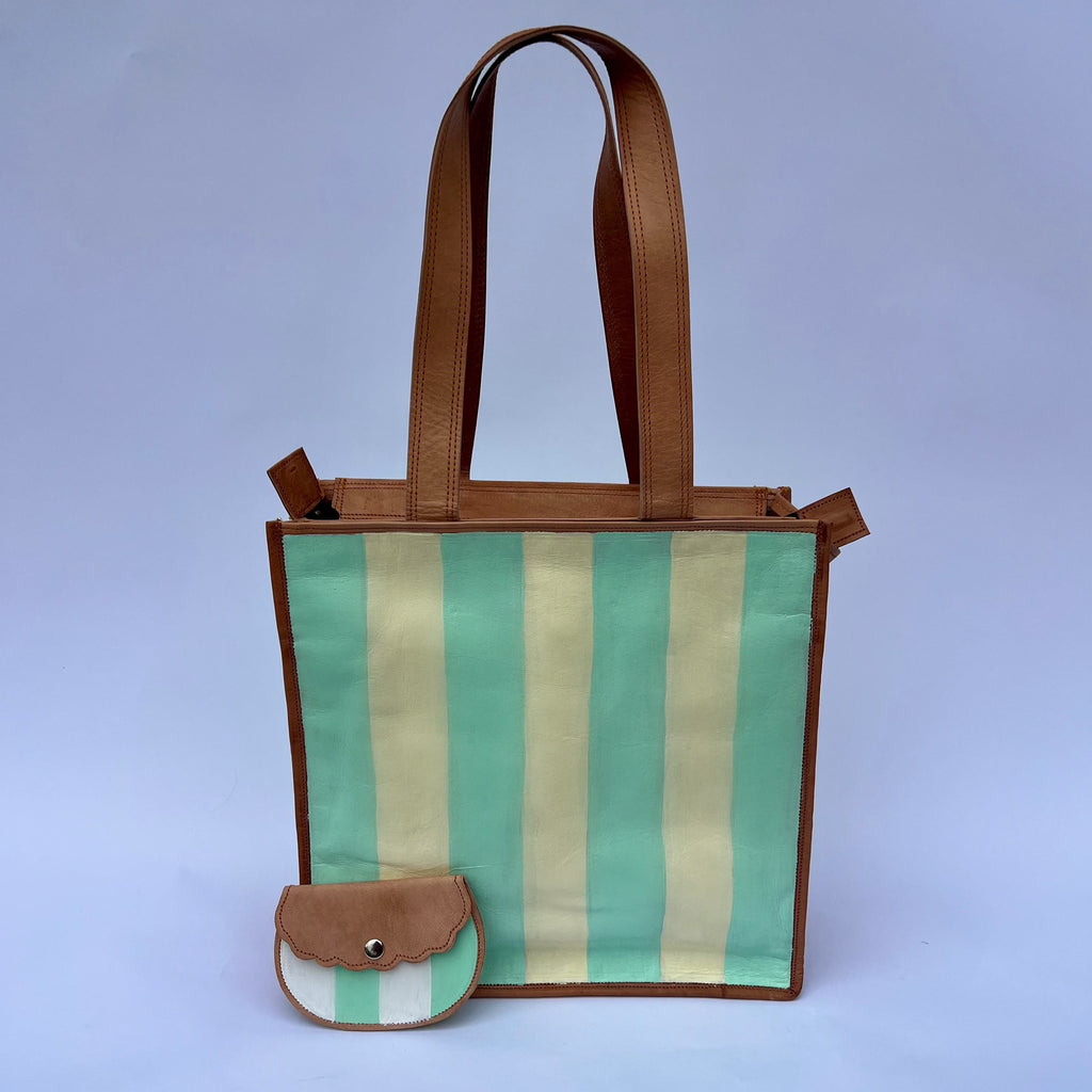 seafoam and beige leather tote bag with coin purse