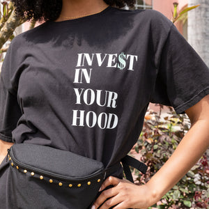Model is wearing INVE$T IN YOUR HOOD oversized black tee 100% airlume combed & ring spun cotton  Drop shoulder for a relaxed, oversized fit  Crew neck