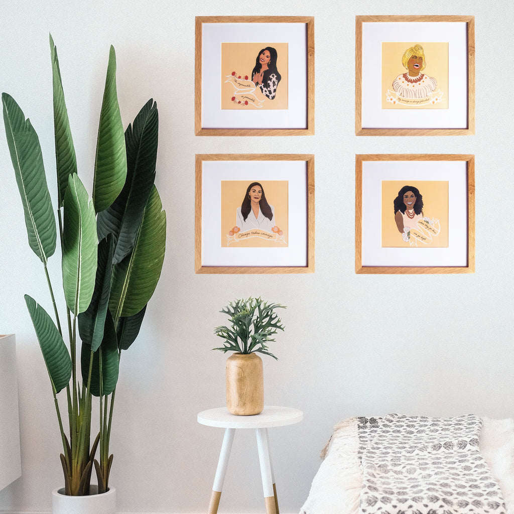 Inspirational Queen 4 print set. Prints are each 6 inches x 6 inches. Women featured are: Selena Quintanilla, Michelle Obama, Celia Cruz & Alexandria Ocasio-Cortez. Printed on thick paper stock with a glossy finish.
