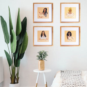 Inspirational Queen 4 print set. Prints are each 6 inches x 6 inches. Women featured are: Selena Quintanilla, Michelle Obama, Celia Cruz & Alexandria Ocasio-Cortez. Printed on thick paper stock with a glossy finish.