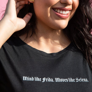 Mind Like Frida. Moves Like Selena. Black t-shirt dress. 60% cotton, 40% TENCEL™ Modal. Available in size S to XL  Edit alt text