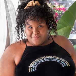 Black Rainbow Women's tank top High neck, flowy/ drapey fit.  65% polyester/ 35% Viscose. Pre-shrunk. Sizes S-2XL