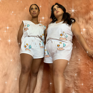 Dream GRL dreamy PJ Set 100% Poplin Cotton, soft silky finish. Cloud, moon and star design in pastel colors. Models on left wearing medium, model on right wearing 2X. Fits true to size.