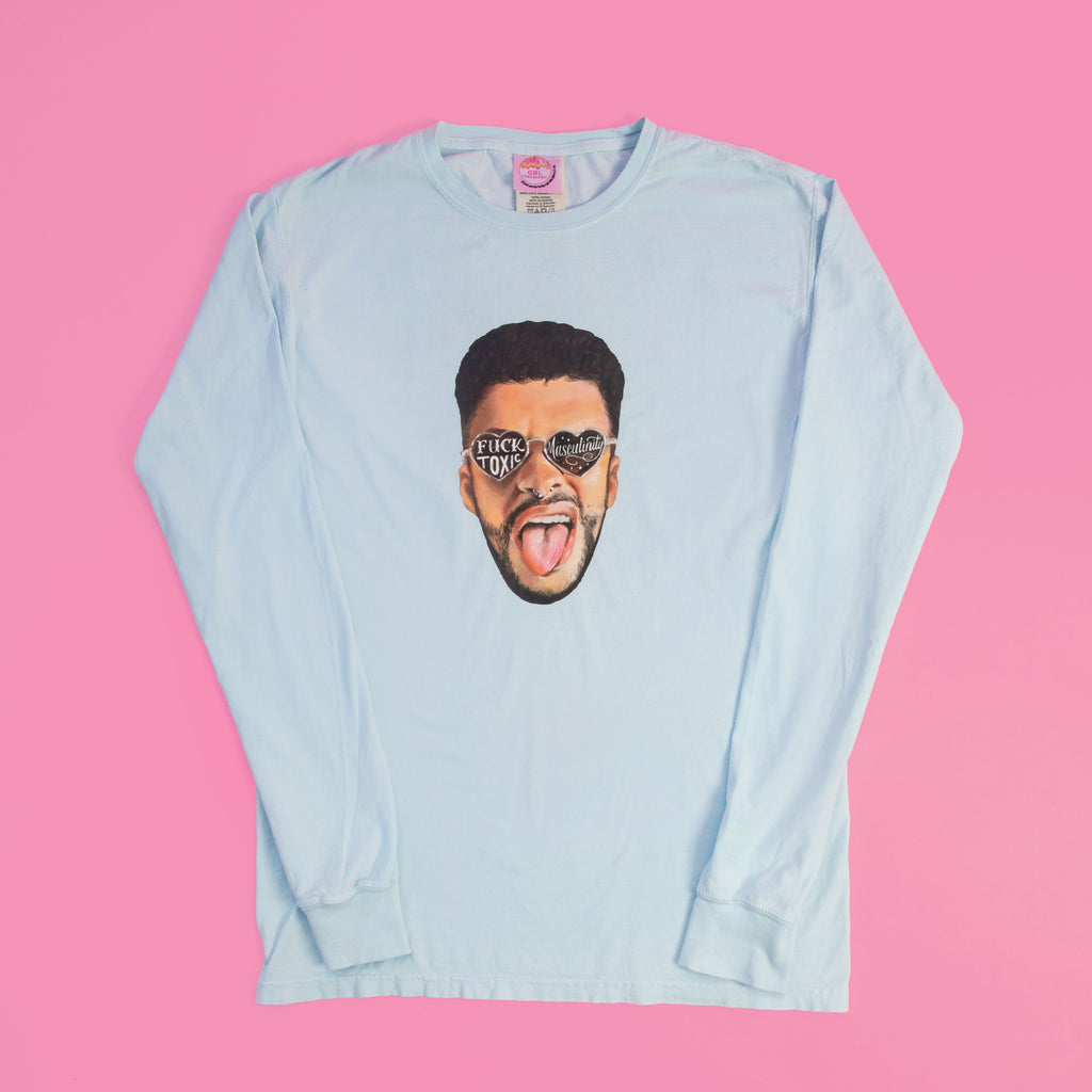 Bad Bunny "FCK TOXIC MASCULINITY" Blue Unisex Long Sleeve. 100% cotton, unisex fit. Sizes S-3XL.