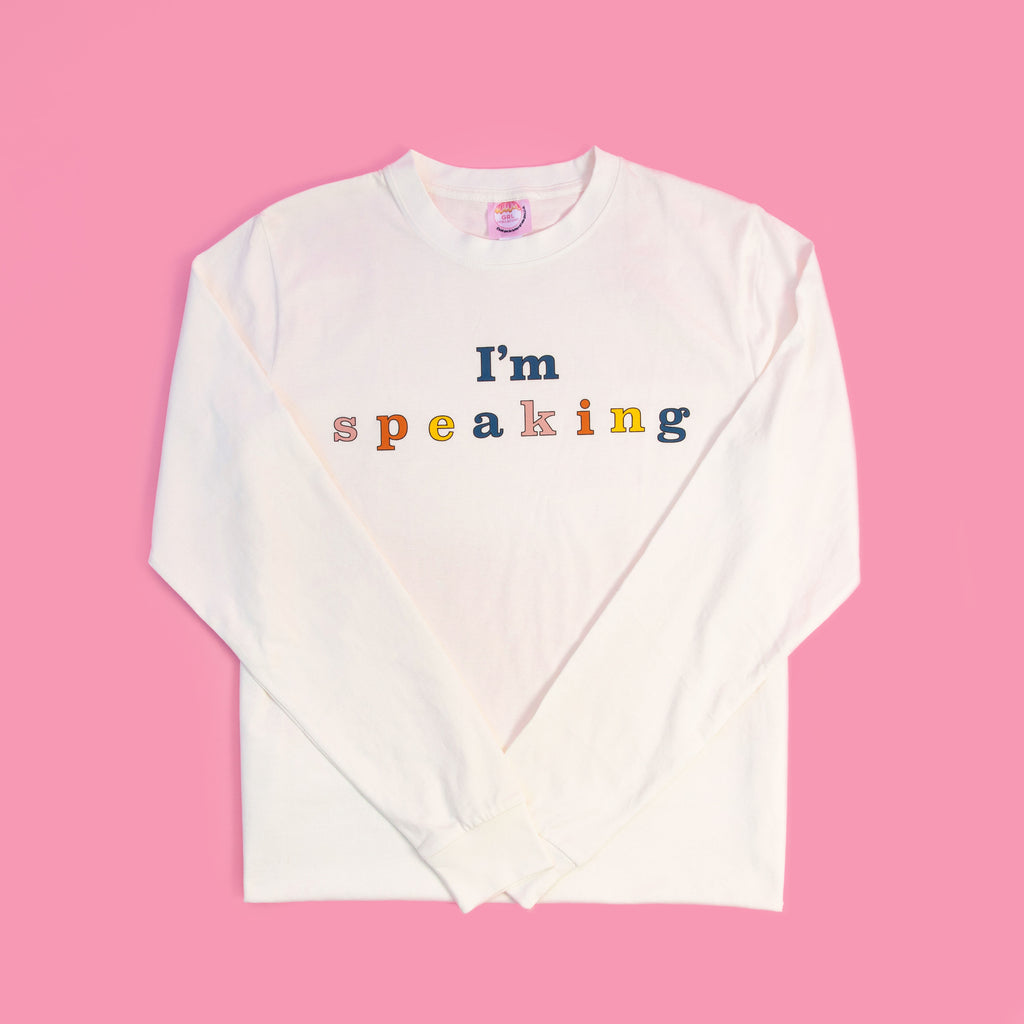 Pre-shrunk 100% Organic Cotton long sleeve tee Men's/ unisex sizing, true to size for you would normally wear in a men's tee "I'm speaking" printed on front in multiple fall colors.