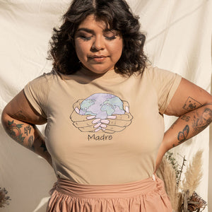 Model is wearing Madre Earth Tee. 100% cotton, shrinkage is minimal Regular women's fit, crew neck (size chart below)  Design is approx. 8" inches wide across chest. 