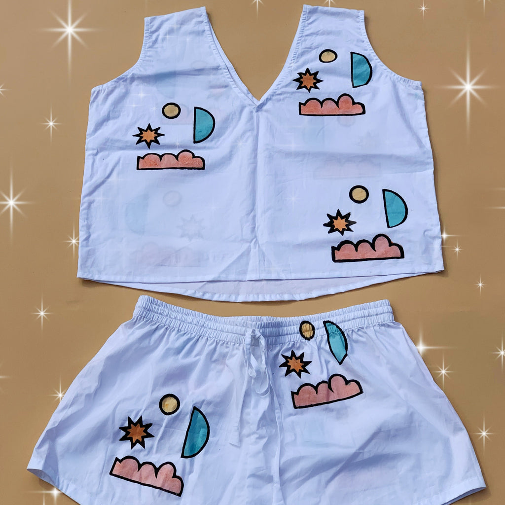 Dream GRL dreamy PJ Set 100% Poplin Cotton, soft silky finish. Cloud, moon and star design in pastel colors.