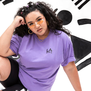 Model is wearing LA GRL lavender relaxed tee 100% cotton, unisex fit Comfort wash for minimal shrinkage wash after wash