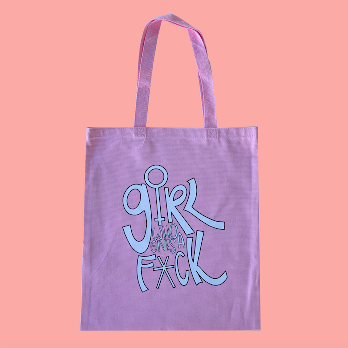 Pink tote bag. 100% cotton. Tote bag has GRL Who Gives a F*CK printed on it. 
