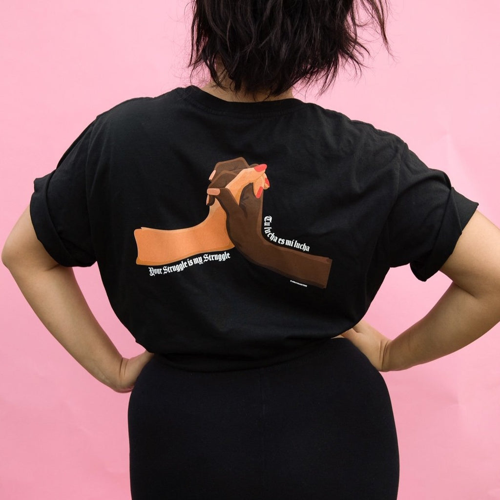 Tu Lucha Es Mi Lucha black tee. Tu Lucha Es Mi Lucha T-shirt. Unisex fit, sizes XS-4XL. Made from 100% cotton high quality soft tee.