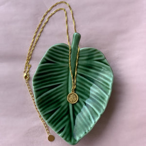 Mexico Medallion Chain Necklace. Made from sterling silver and 22k gold plated. The Chain is 16 inches with a 2.75 inch sizing extension. Medallion dimension is approx. 1/4 inch in diameter.