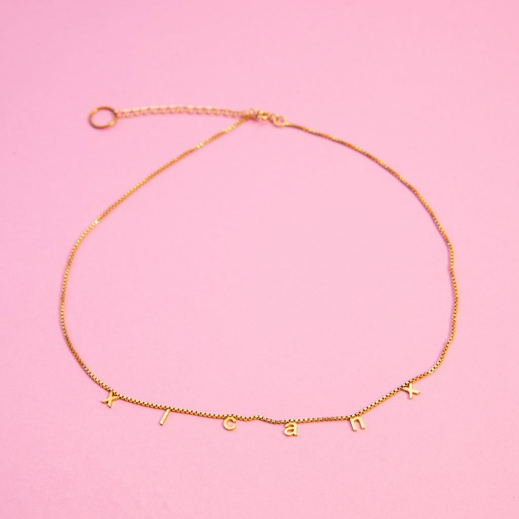 Xicanx gold chain necklace. Handcrafted nickel free metal, dipped in 22k gold. 17.5 inches, including a 3 inch adjustment chain.